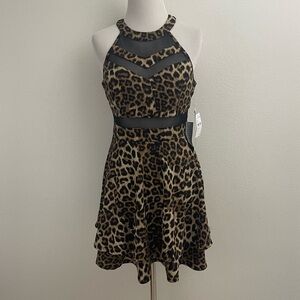 NORDSTROM LEOPARD PRINT BLACK MESH DETAIL FITTED STRECH A-LINE MINI DRESS